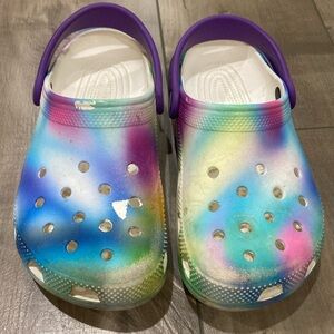 Croc Classic Tie Dye Clog with Blues and Purples. Size 2
